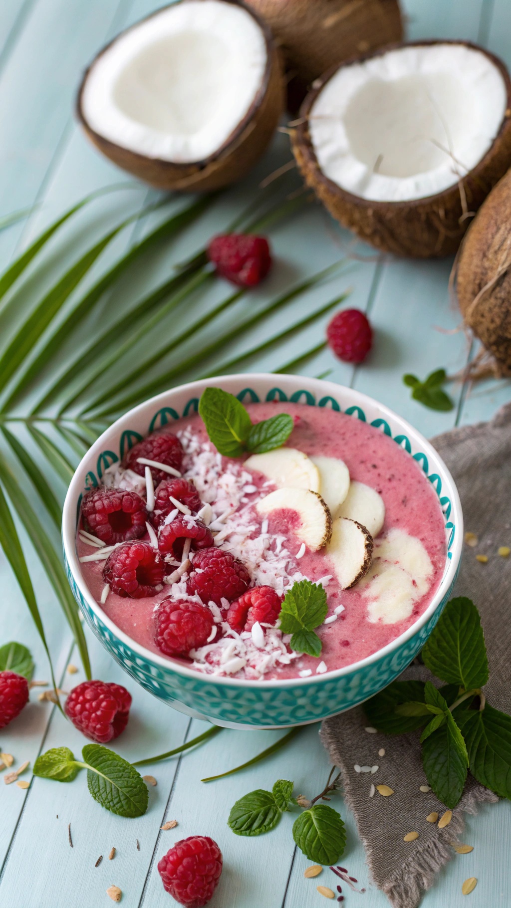 A colorful raspberry coconut smoothie bowl topped with fresh raspberries, banana slices, shredded coconut, and mint leaves.