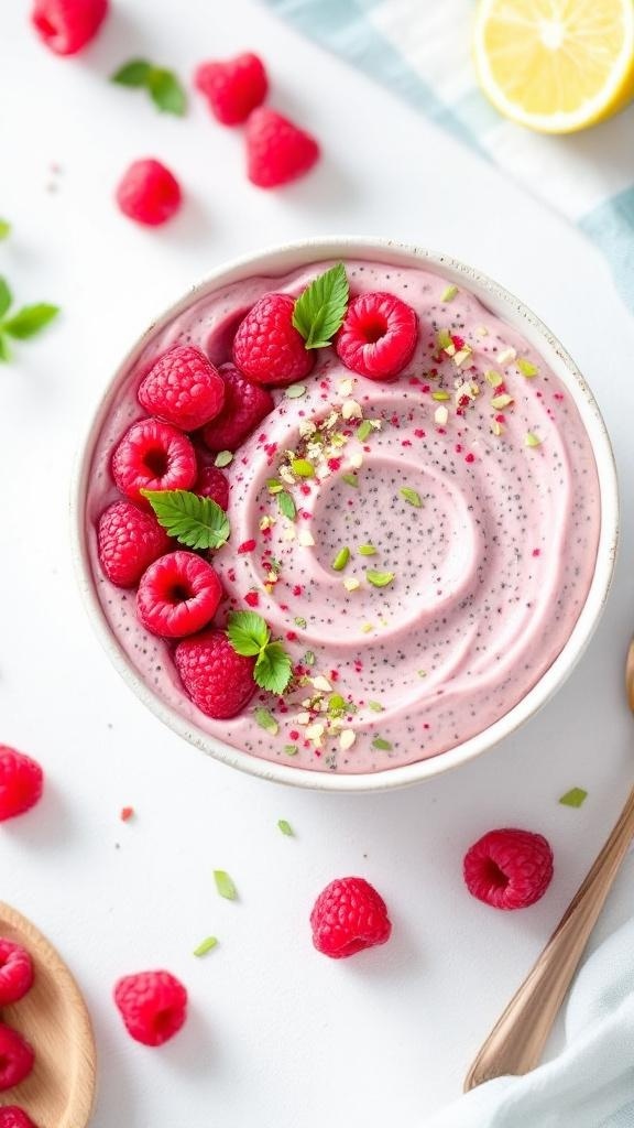A bowl of raspberry lime chia seed pudding topped with fresh raspberries and mint leaves.