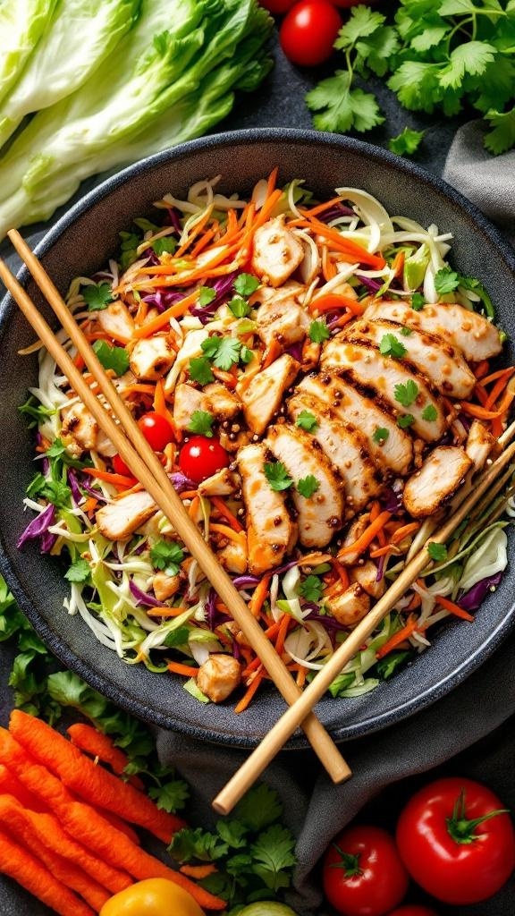 A colorful Asian chicken salad with grilled chicken, fresh vegetables, and chopsticks.