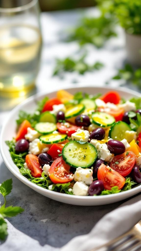 A colorful Keto Greek Salad with cucumbers, tomatoes, olives, and feta cheese.