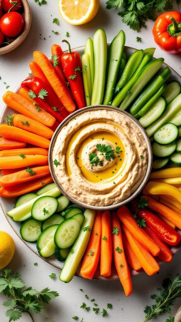 A colorful platter of fresh veggie sticks including carrots, cucumbers, and bell peppers, served with hummus in the center.