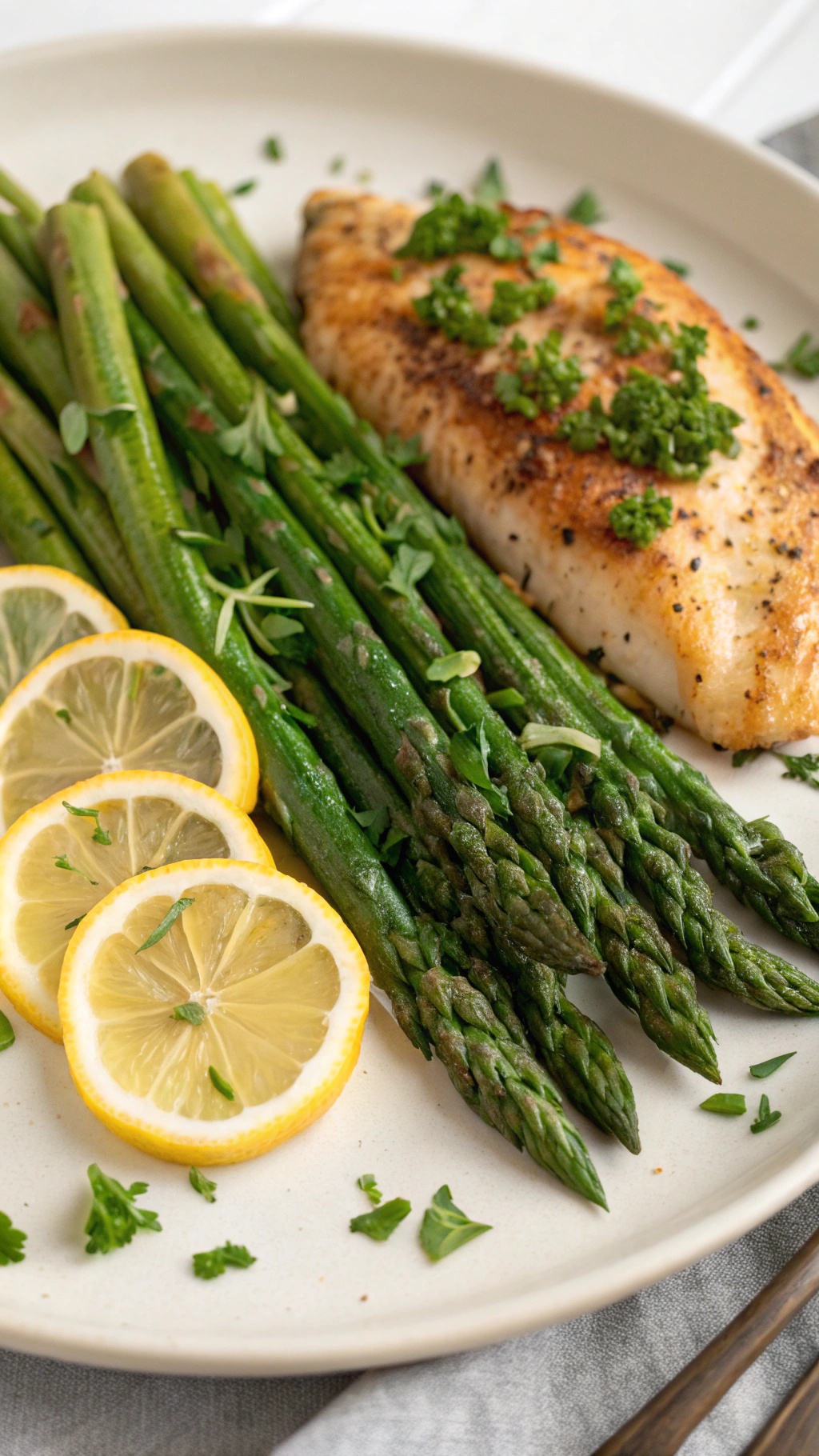 Air fryer chicken breast served with lemon zest asparagus and lemon slices.