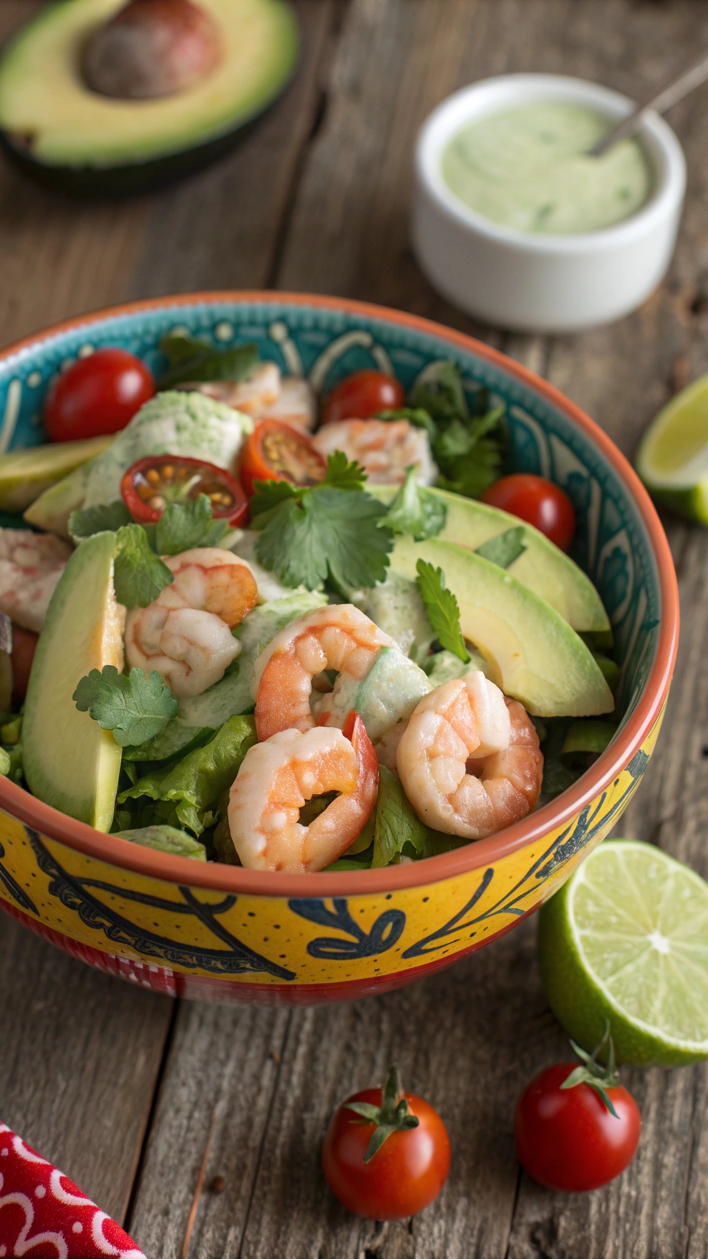 A colorful avocado and shrimp salad in a decorative bowl, featuring shrimp, avocado slices, cherry tomatoes, and a creamy dressing.