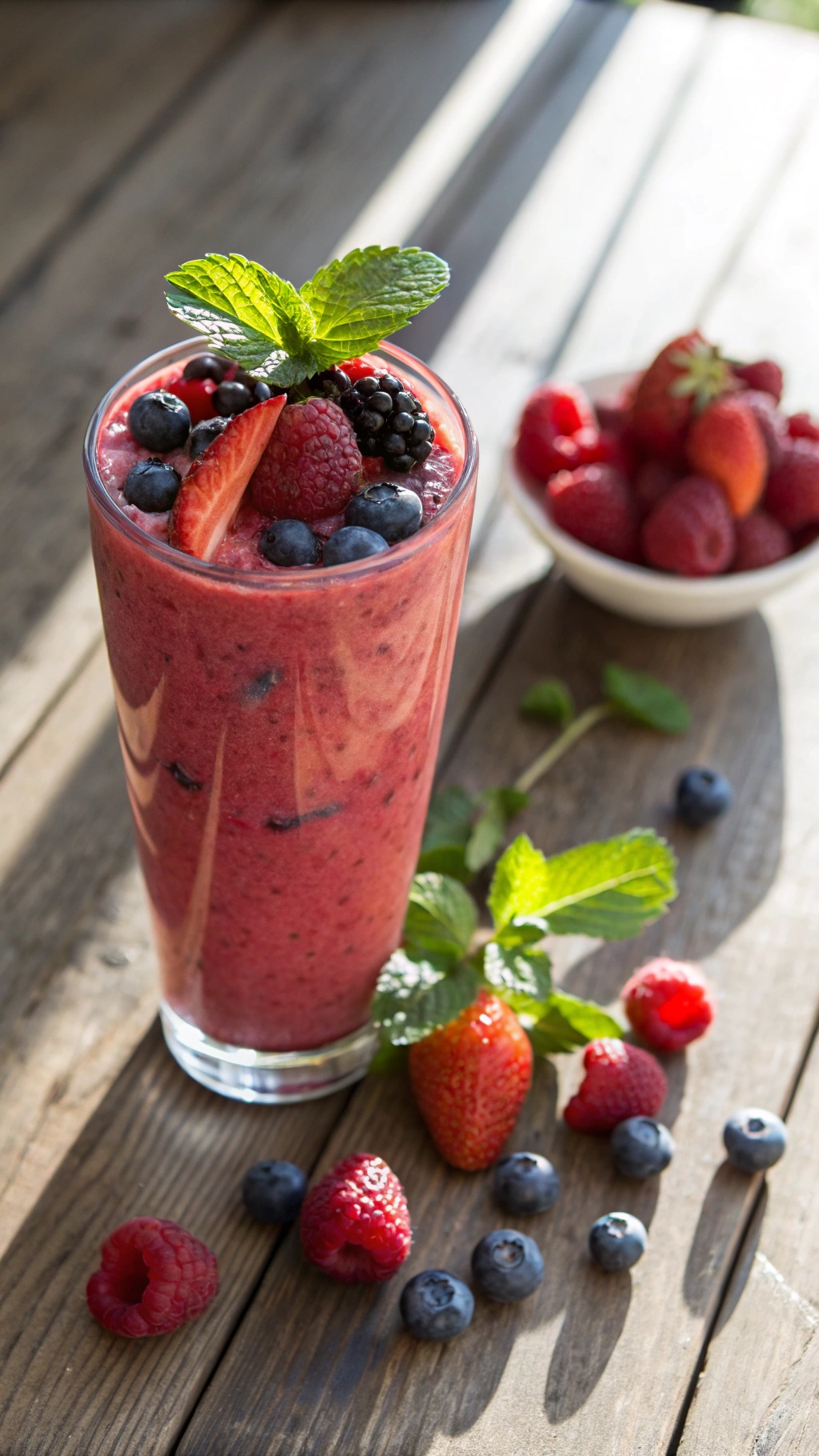 A refreshing berry blast smoothie topped with fresh berries and mint leaves, served in a tall glass.