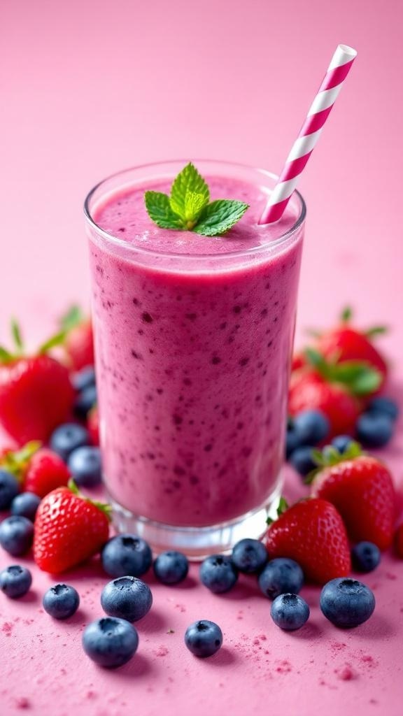 A refreshing berry smoothie with strawberries and blueberries, garnished with a mint leaf.