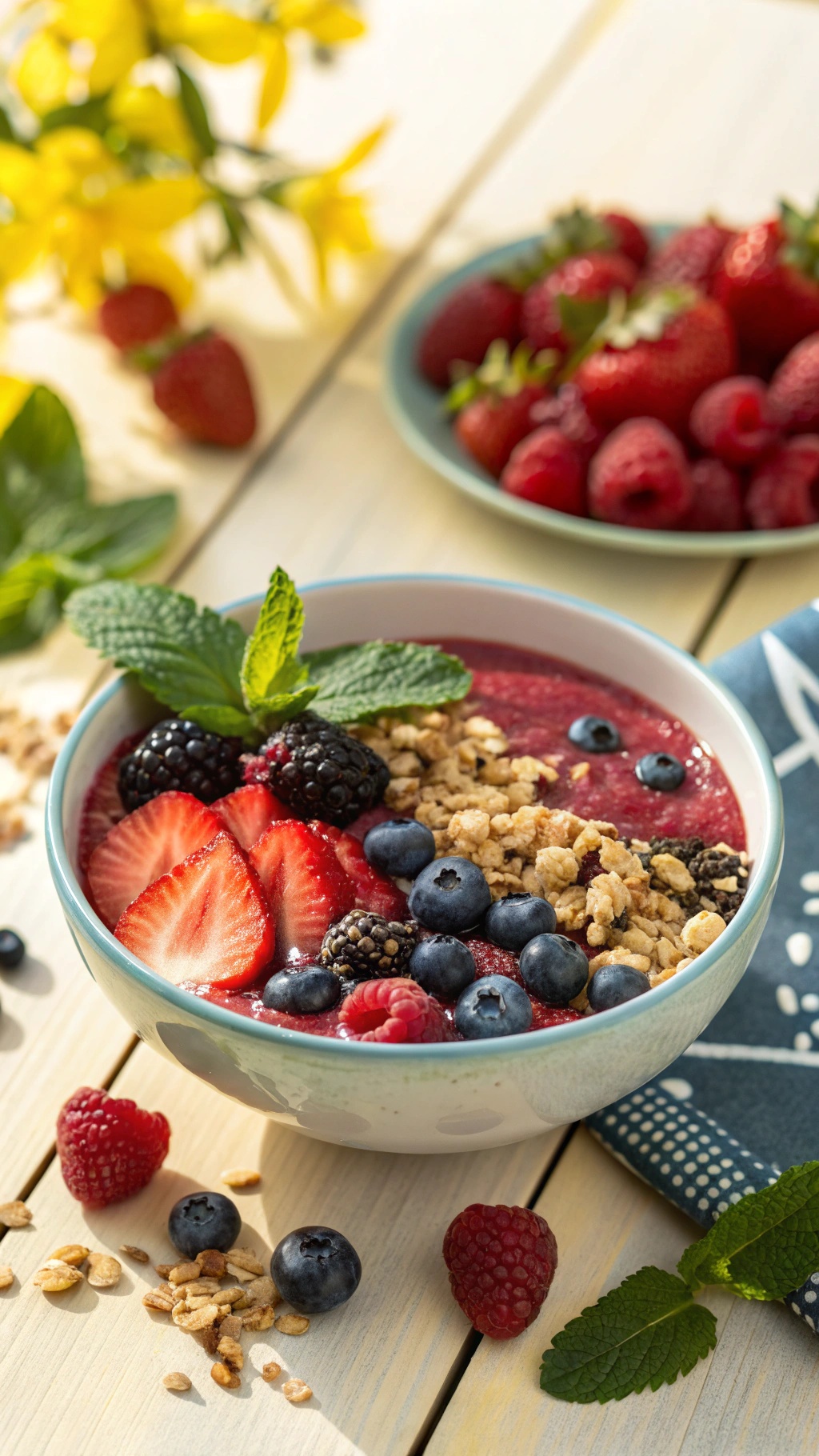 A colorful berry smoothie bowl topped with granola and fresh mint, surrounded by fresh berries.