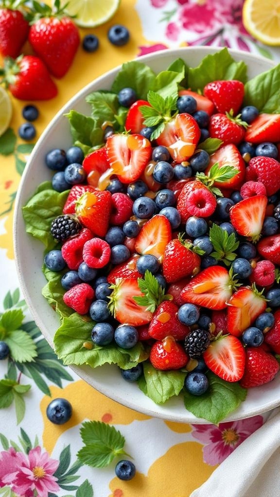 A colorful berry salad with strawberries, blueberries, raspberries, and blackberries on a bed of greens, drizzled with honey-lime dressing.