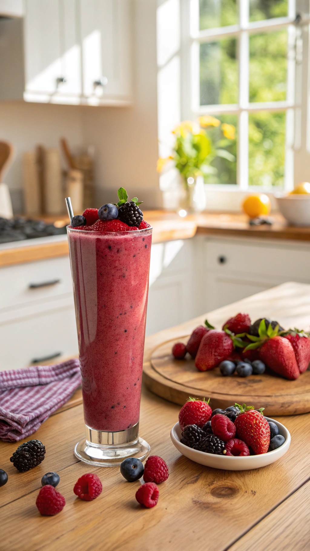 A refreshing berry smoothie in a tall glass, topped with fresh berries and mint, with a bowl of berries in the background.