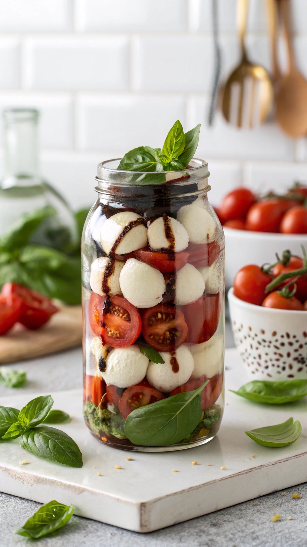 A jar filled with layers of cherry tomatoes, mozzarella balls, and fresh basil leaves, drizzled with balsamic glaze.