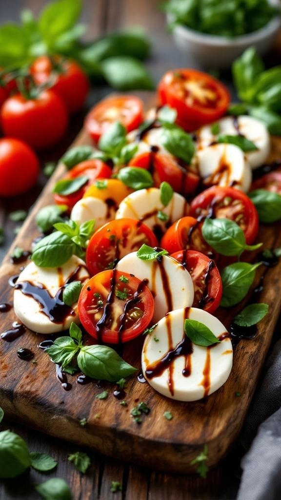 A colorful Caprese salad with tomatoes, mozzarella, and basil drizzled with balsamic glaze on a wooden platter.
