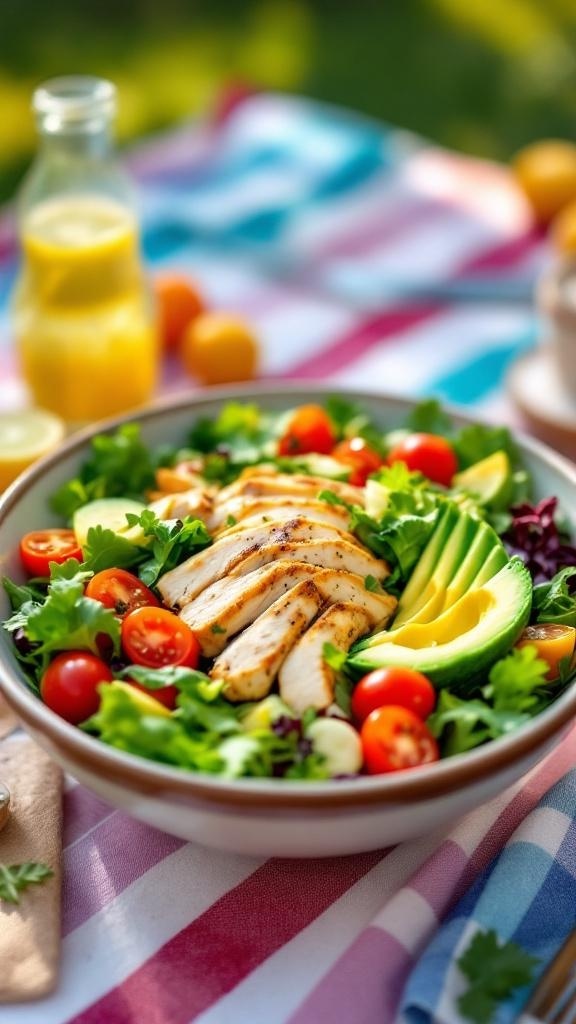 A colorful chicken and avocado salad bowl with cherry tomatoes and greens.