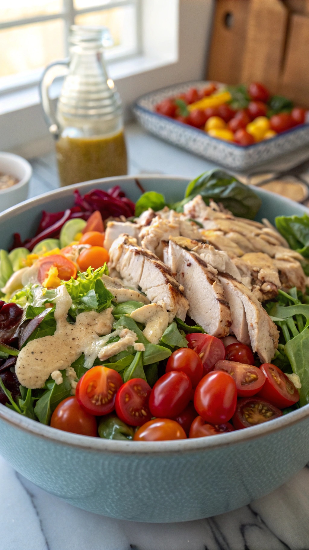 A colorful chicken salad with mixed greens, cherry tomatoes, sliced chicken, cucumber, and a creamy dressing.