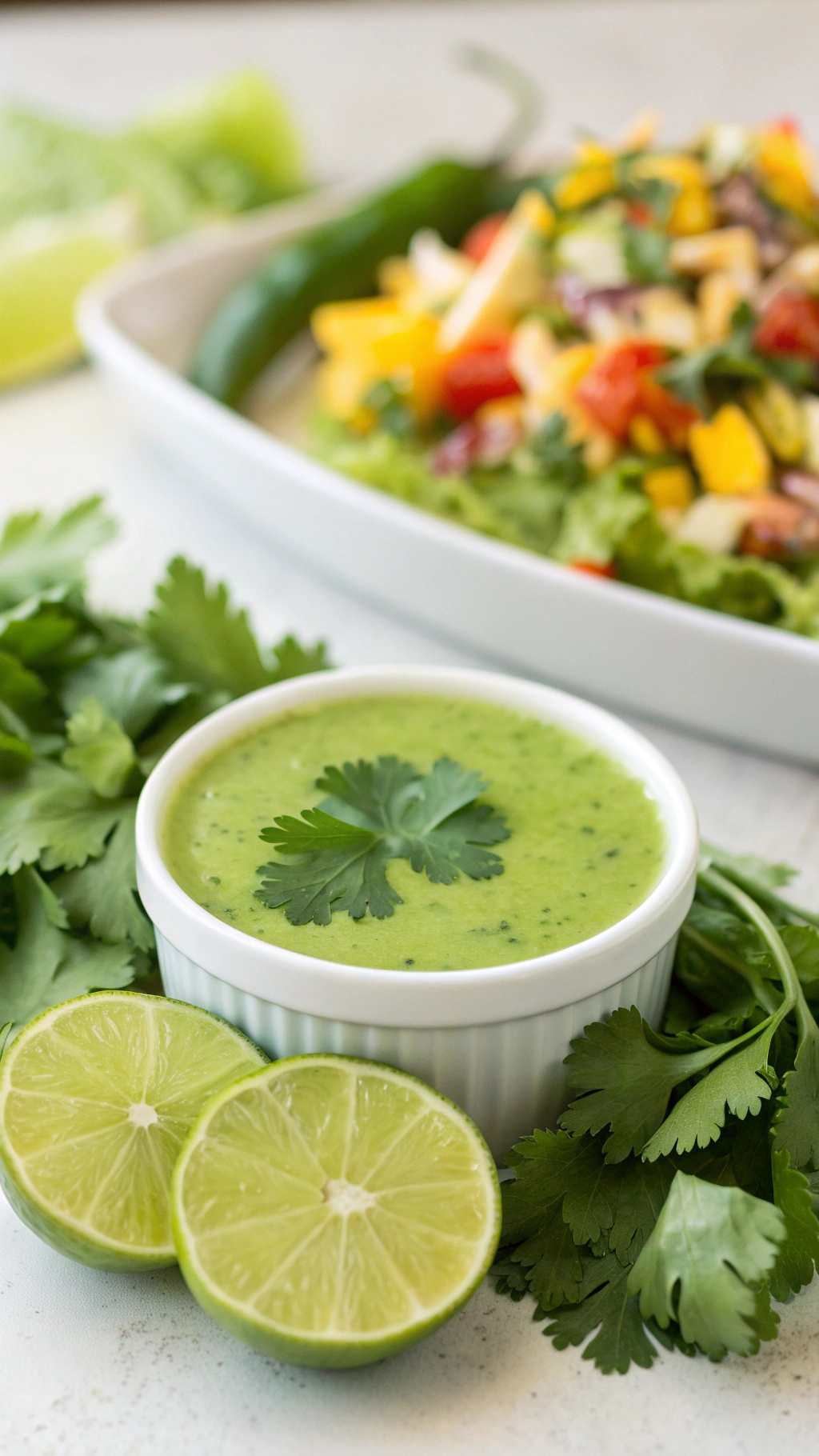 A bowl of vibrant green cilantro lime dressing with lime halves and fresh cilantro leaves around it.