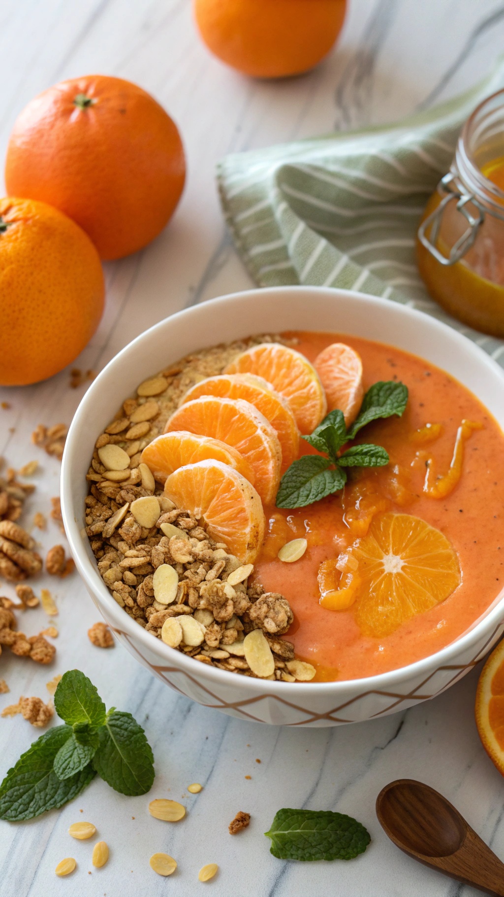A vibrant orange smoothie bowl topped with granola, orange slices, and mint leaves, surrounded by fresh oranges.