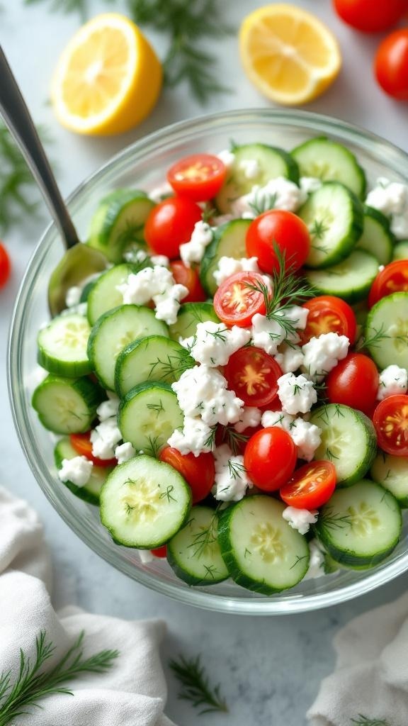 A vibrant bowl of cottage cheese and cucumber salad with cherry tomatoes and fresh dill, garnished with lemon slices.