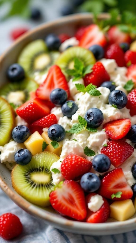 A colorful bowl of cottage cheese fruit salad topped with strawberries, blueberries, kiwi, and mint leaves.