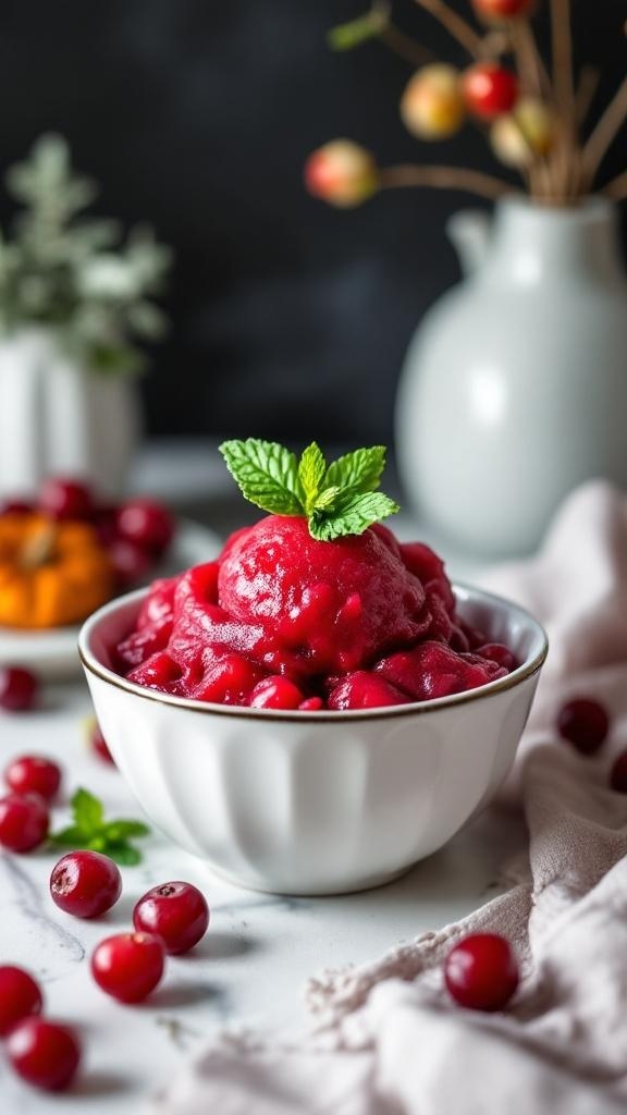 A bowl of bright red cranberry sorbet garnished with mint leaves, surrounded by fresh cranberries.