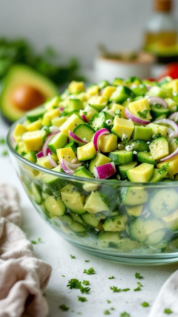 A bowl of refreshing cucumber and avocado salad with diced cucumbers, avocado, and red onion.