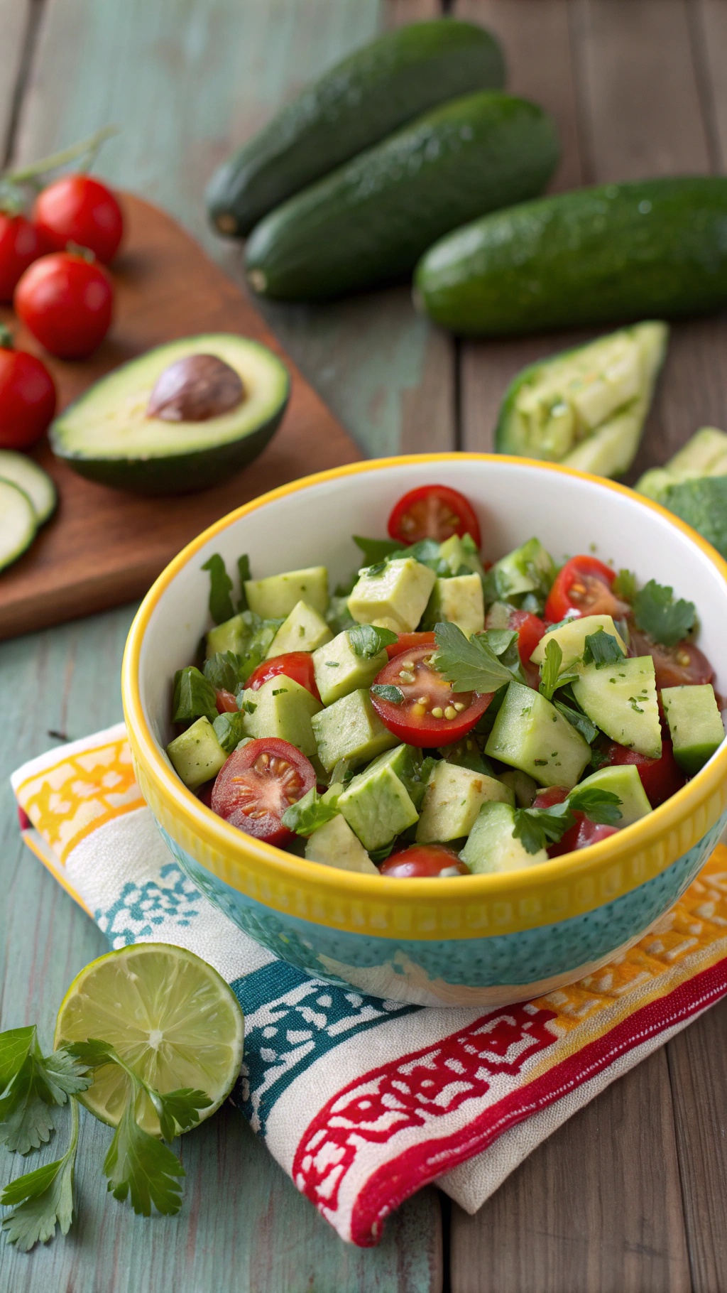 A colorful bowl of cucumber and avocado salad with cherry tomatoes and cilantro, set on a vibrant cloth.