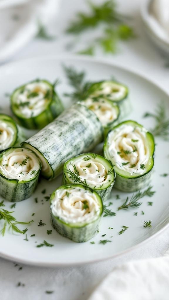 Cucumber and cream cheese roll-ups arranged on a plate with fresh herbs.
