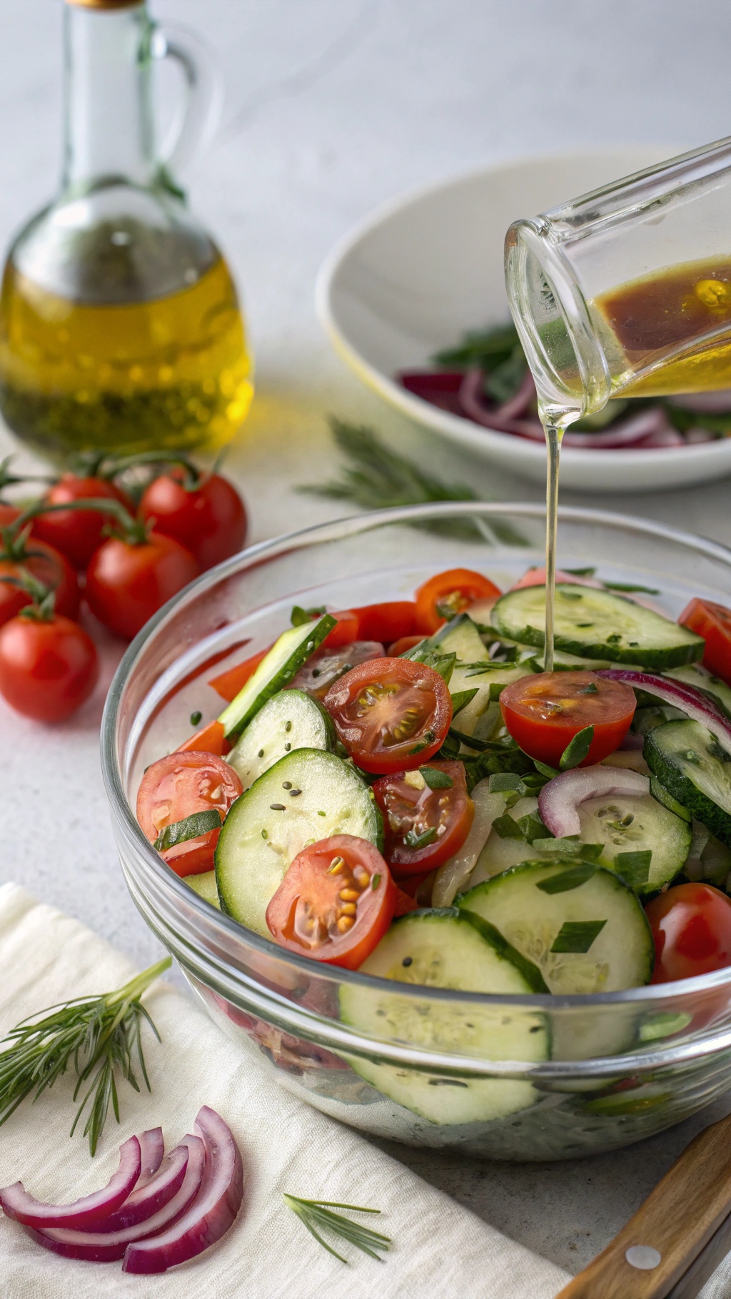 A bowl of cucumber and tomato salad with olive oil being poured over it.