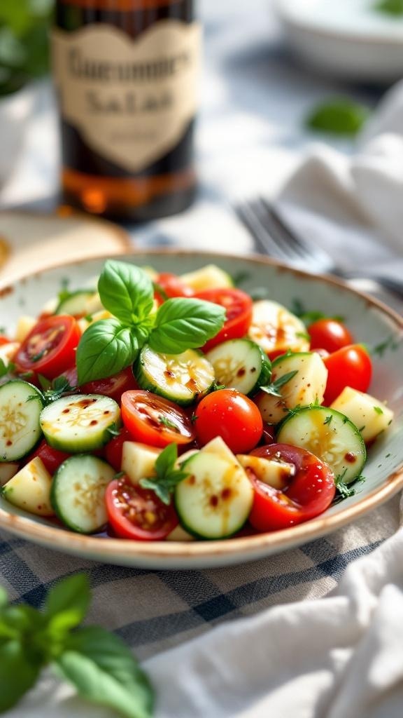 A bowl of cucumber and tomato salad with fresh basil on top, surrounded by a light background.