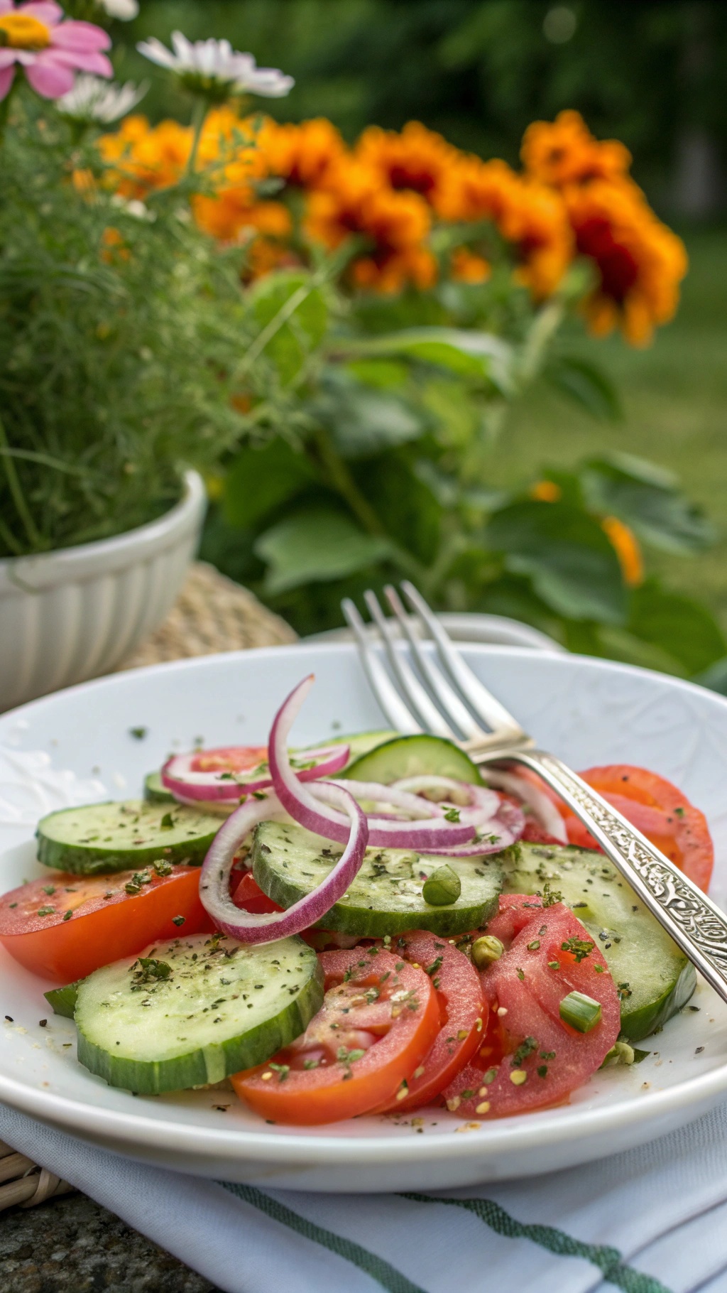 A colorful cucumber and tomato salad garnished with red onion and herbs, served on a white plate.
