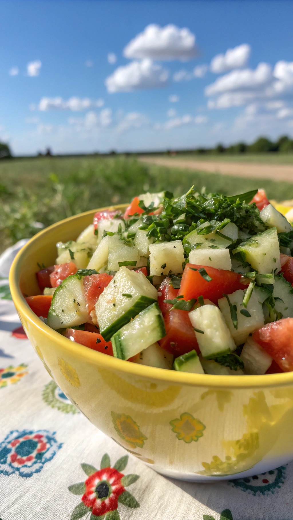 A vibrant cucumber and tomato salad in a yellow bowl, set against a sunny outdoor background.