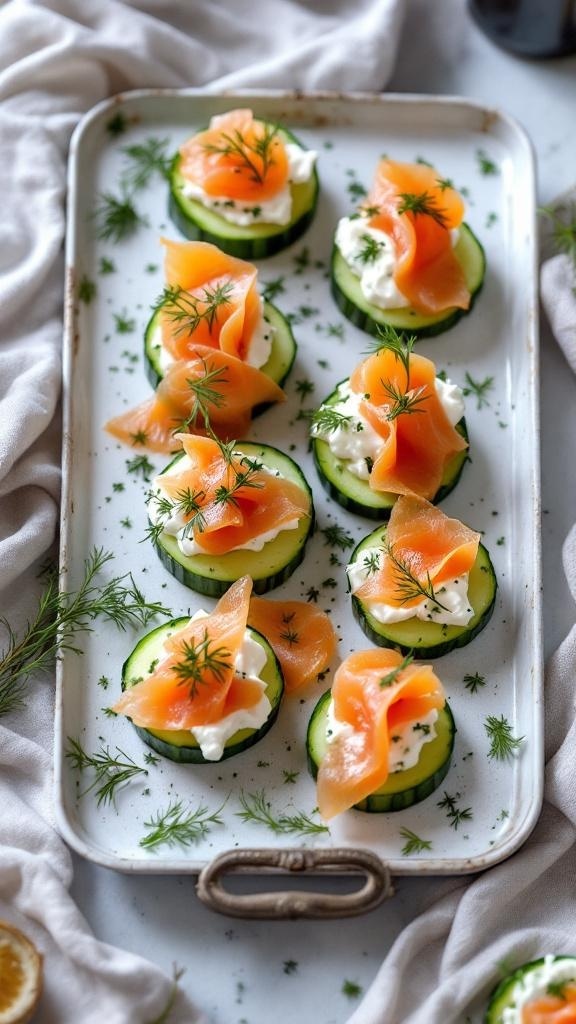 A platter of cucumber bites topped with cream cheese and smoked salmon, garnished with fresh dill.