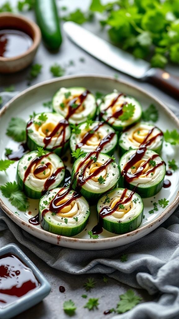 Plate of cucumber rolls filled with cream cheese and drizzled with sauce, garnished with herbs.