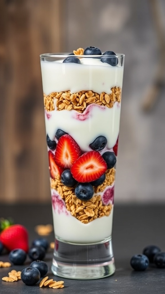 A colorful fruit and nut breakfast parfait with layers of yogurt, berries, and granola.