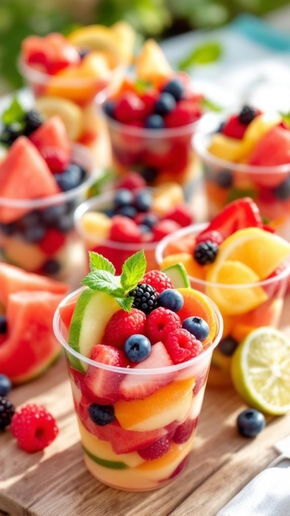 Colorful fruit cups filled with watermelon, cantaloupe, honeydew, strawberries, blueberries, and raspberries, garnished with mint.