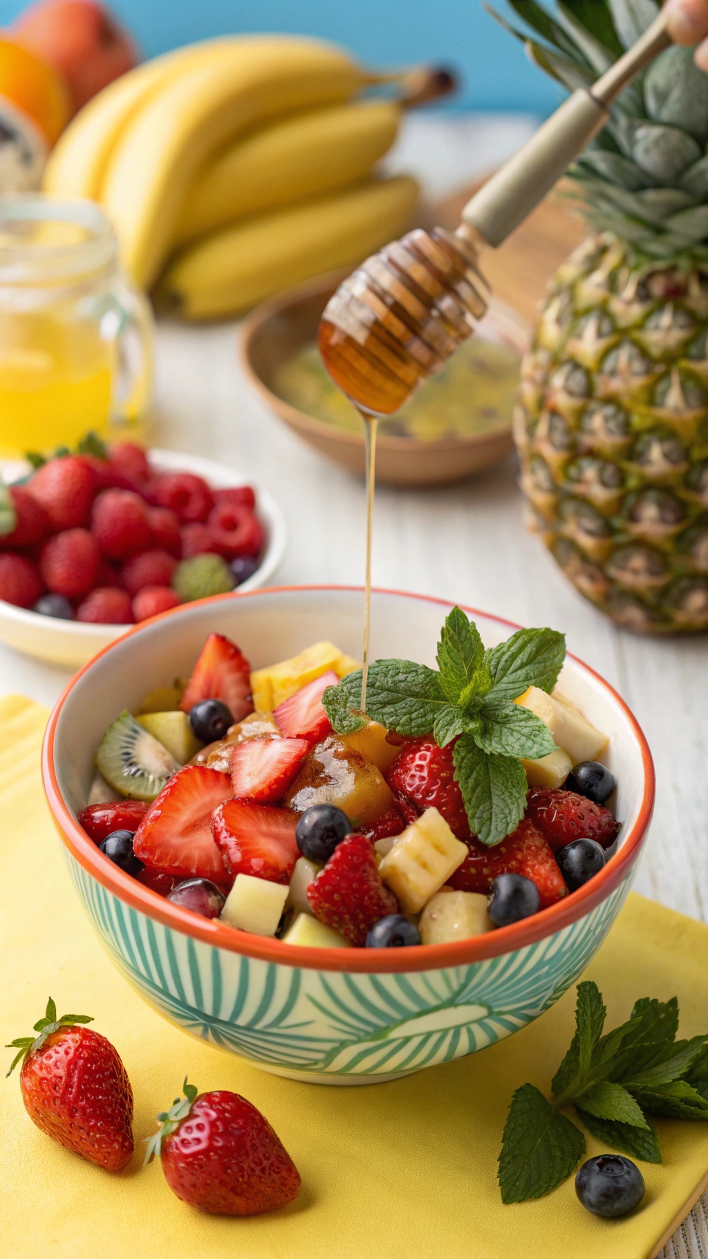 A colorful fruit salad with strawberries, blueberries, pineapple, and kiwi, drizzled with honey-lime dressing, garnished with mint leaves.