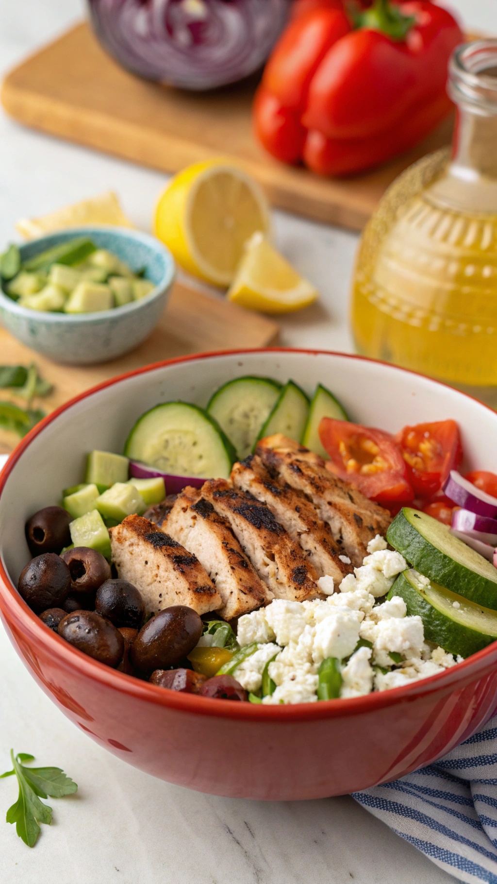 A colorful Greek chicken bowl with grilled chicken, cucumbers, tomatoes, olives, and feta cheese.