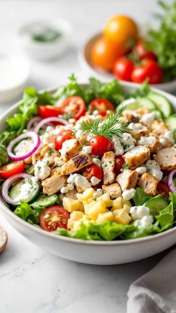 A colorful Greek chicken salad with rotisserie chicken, vegetables, and tzatziki dressing.