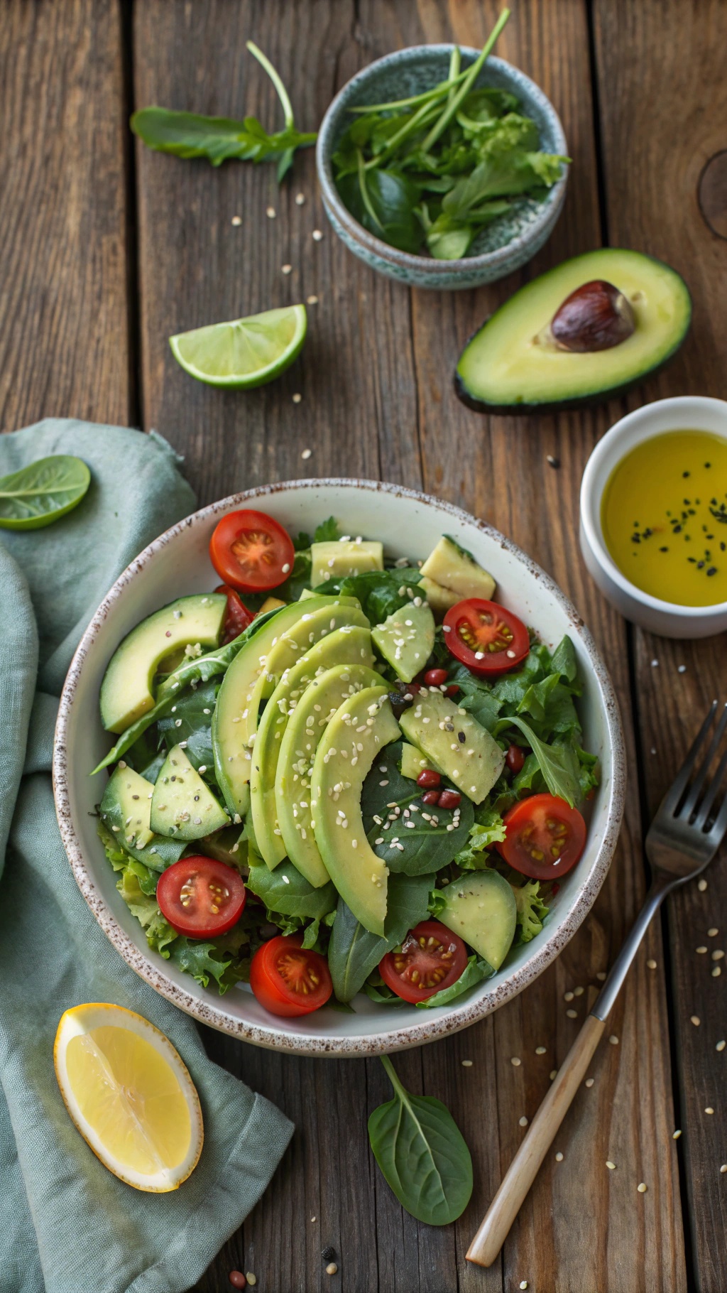 A refreshing green detox salad with avocado, cherry tomatoes, and sesame seeds on a wooden table.