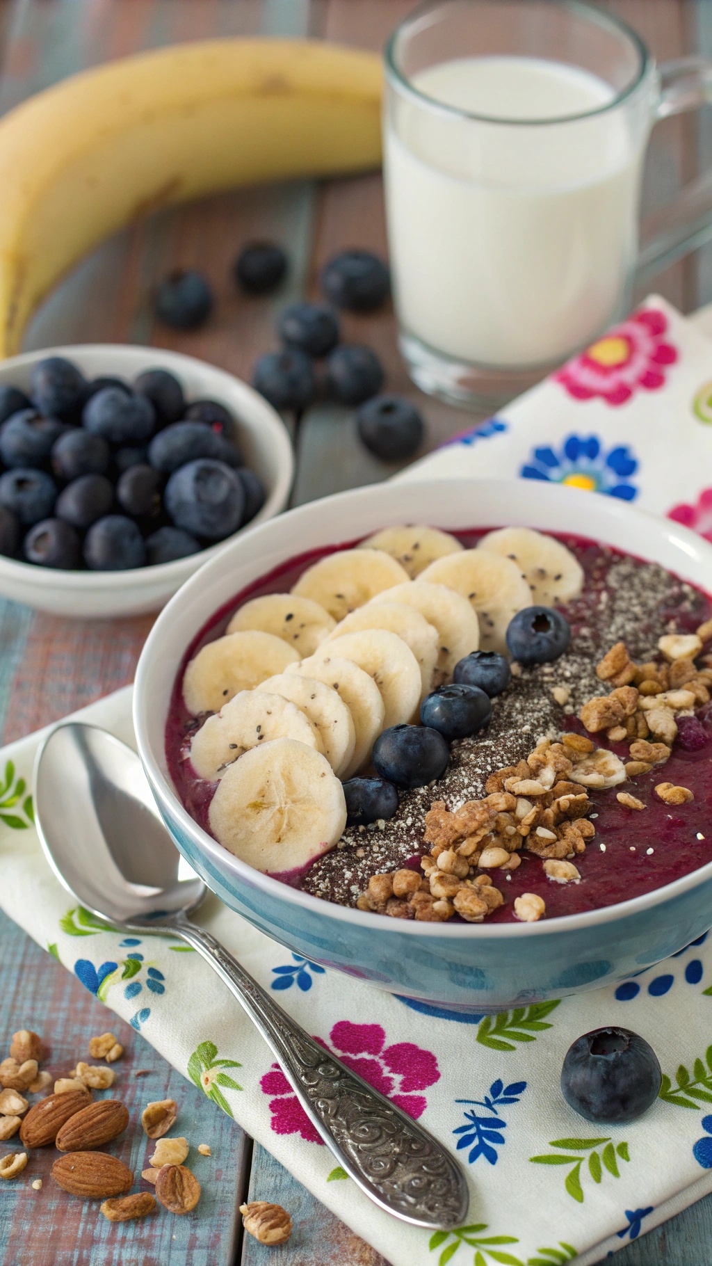 A colorful blueberry smoothie bowl topped with banana slices, blueberries, chia seeds, and granola.