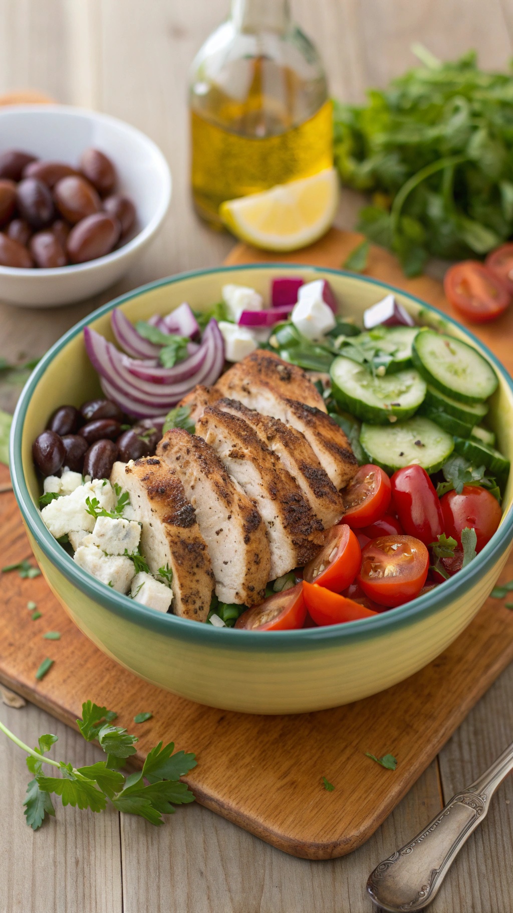 A colorful Mediterranean chicken salad with grilled chicken, fresh vegetables, olives, and feta cheese in a bowl.