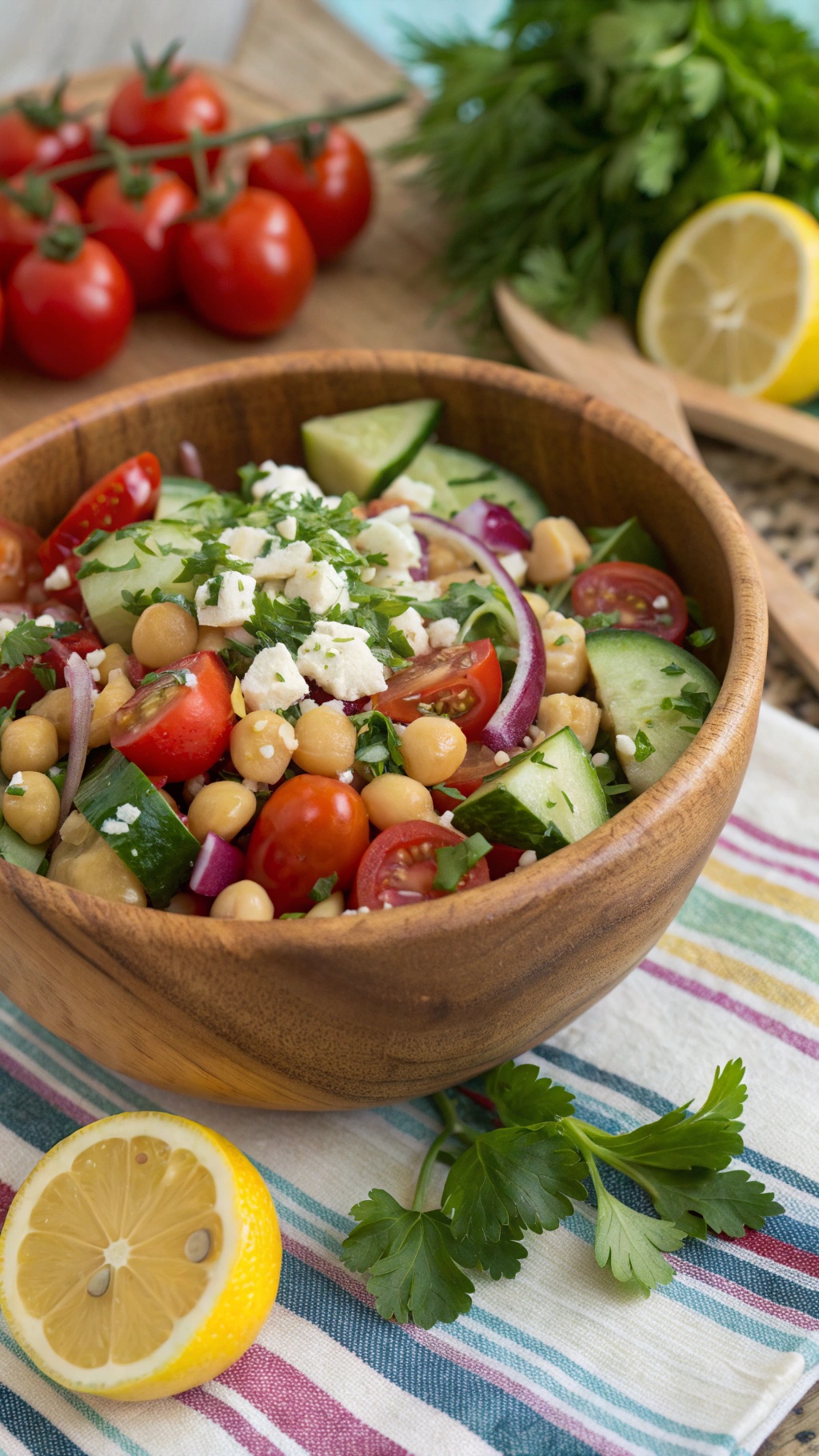 A colorful Mediterranean Chickpea Salad in a wooden bowl with fresh ingredients.