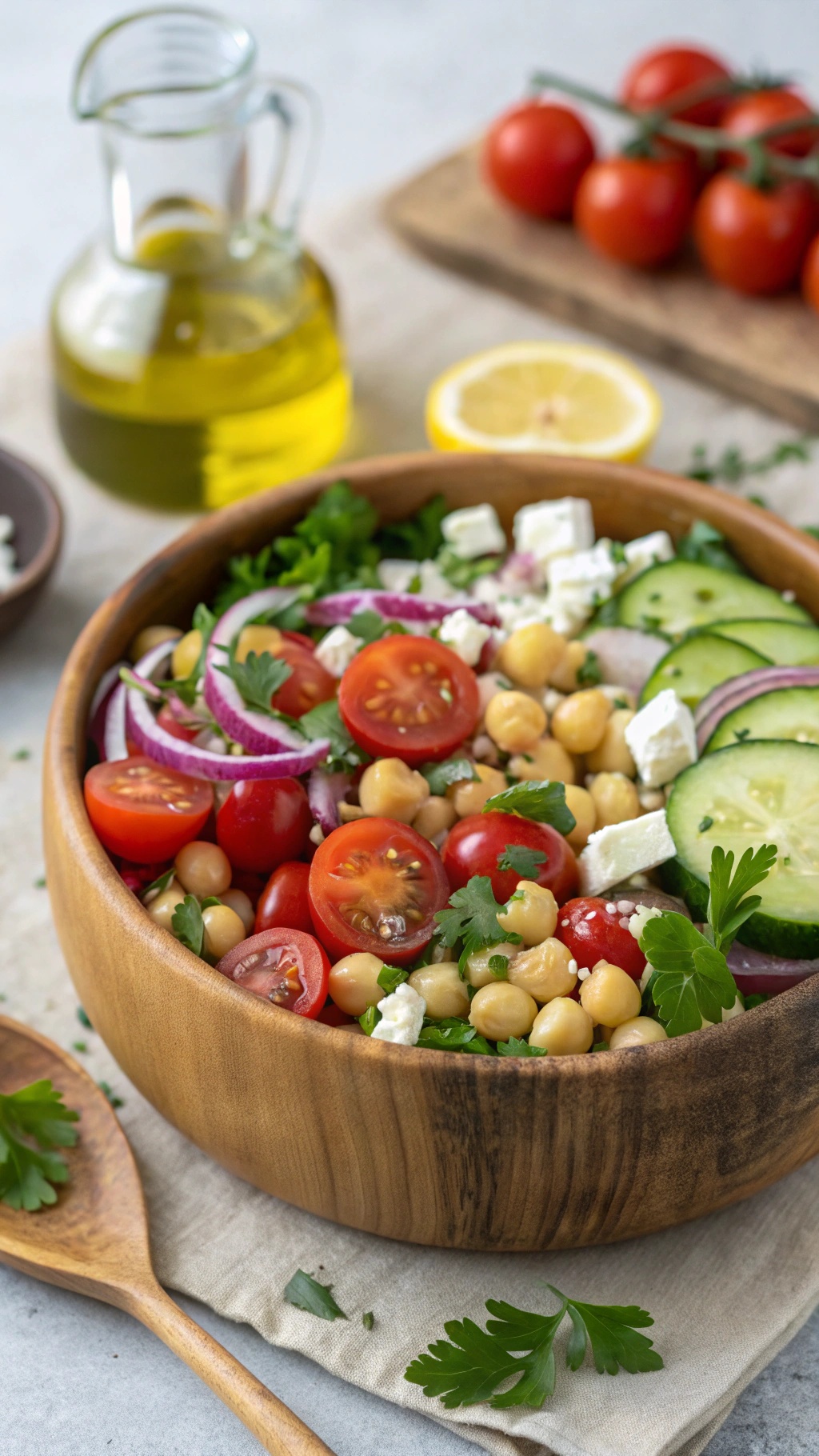 A colorful Mediterranean Chickpea Salad with tomatoes, cucumbers, and feta cheese in a wooden bowl.