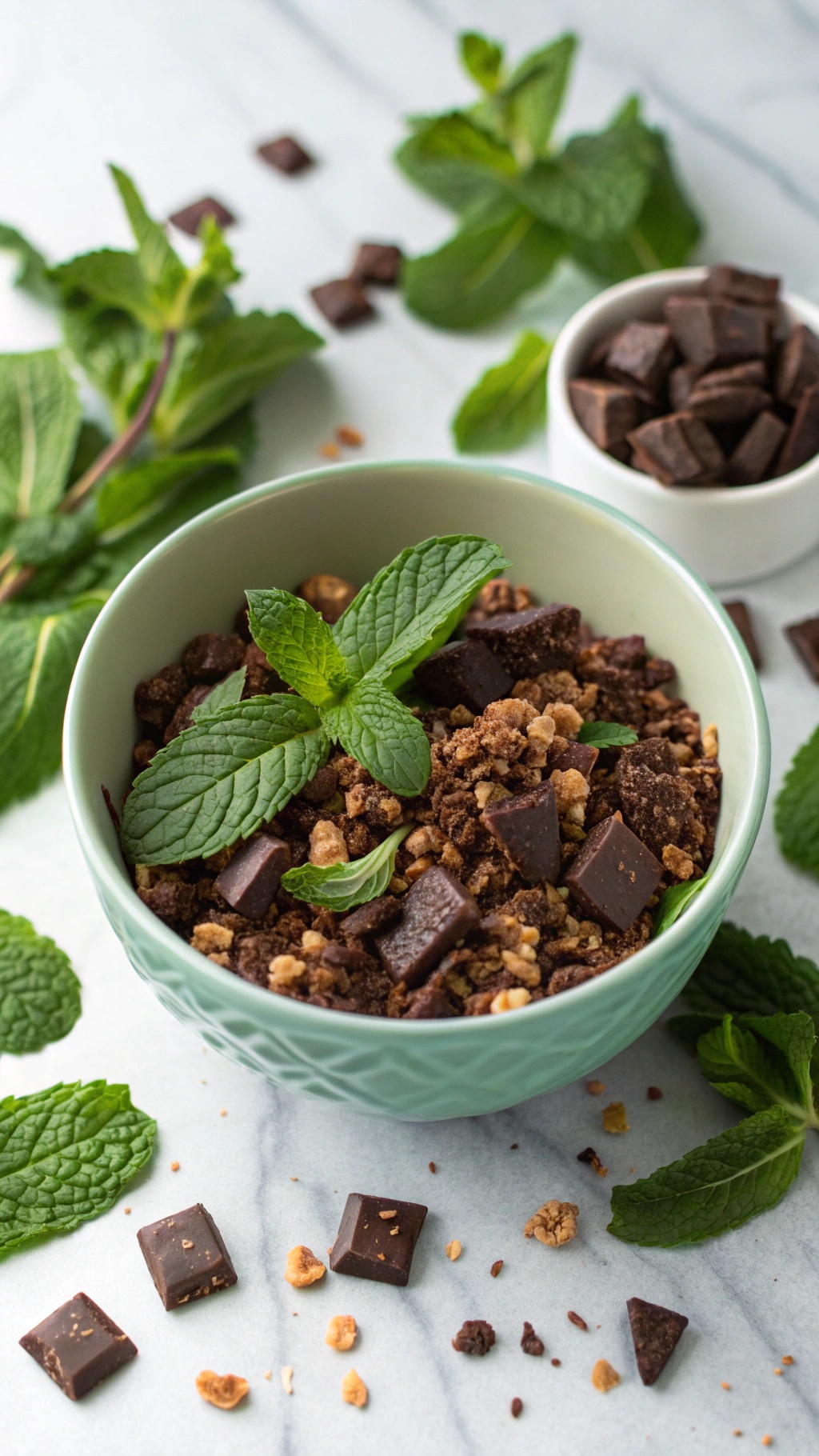 A bowl of mint chocolate granola with fresh mint leaves and chocolate pieces