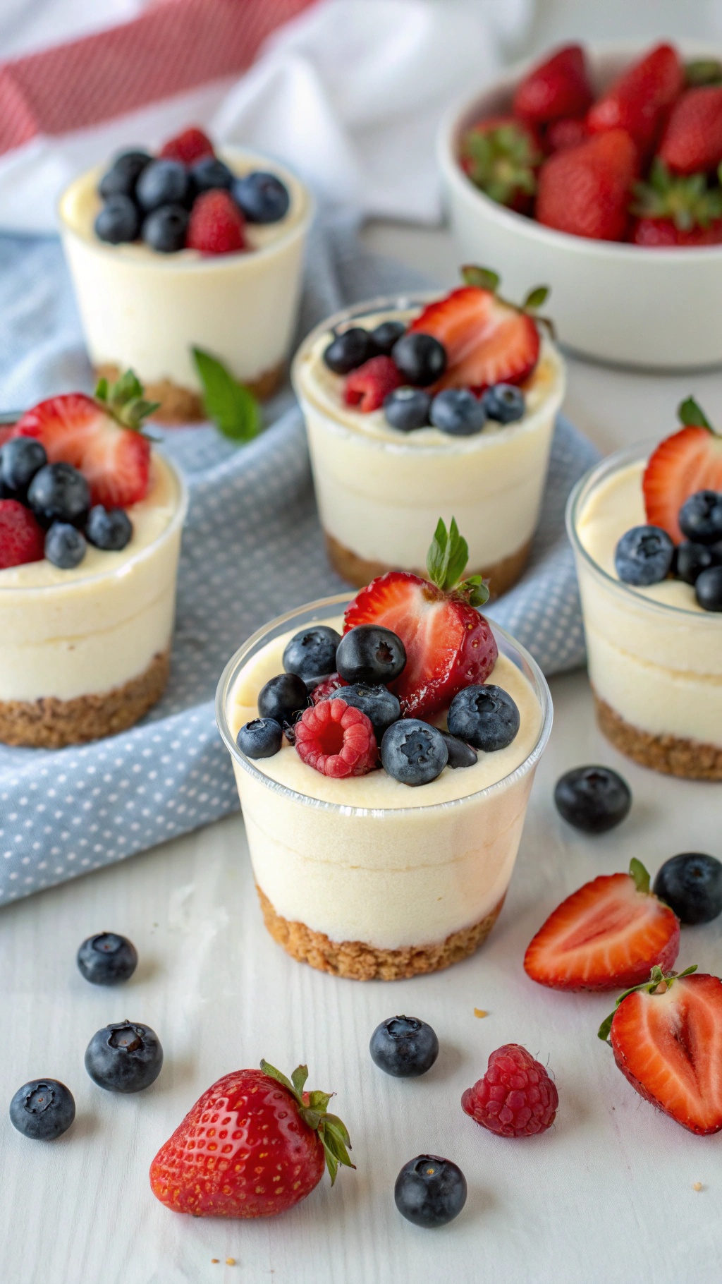 No-bake berry cheesecake cups topped with fresh strawberries, blueberries, and raspberries