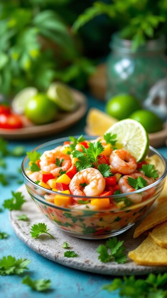 A bowl of shrimp ceviche with colorful vegetables and lime slices, surrounded by fresh herbs.