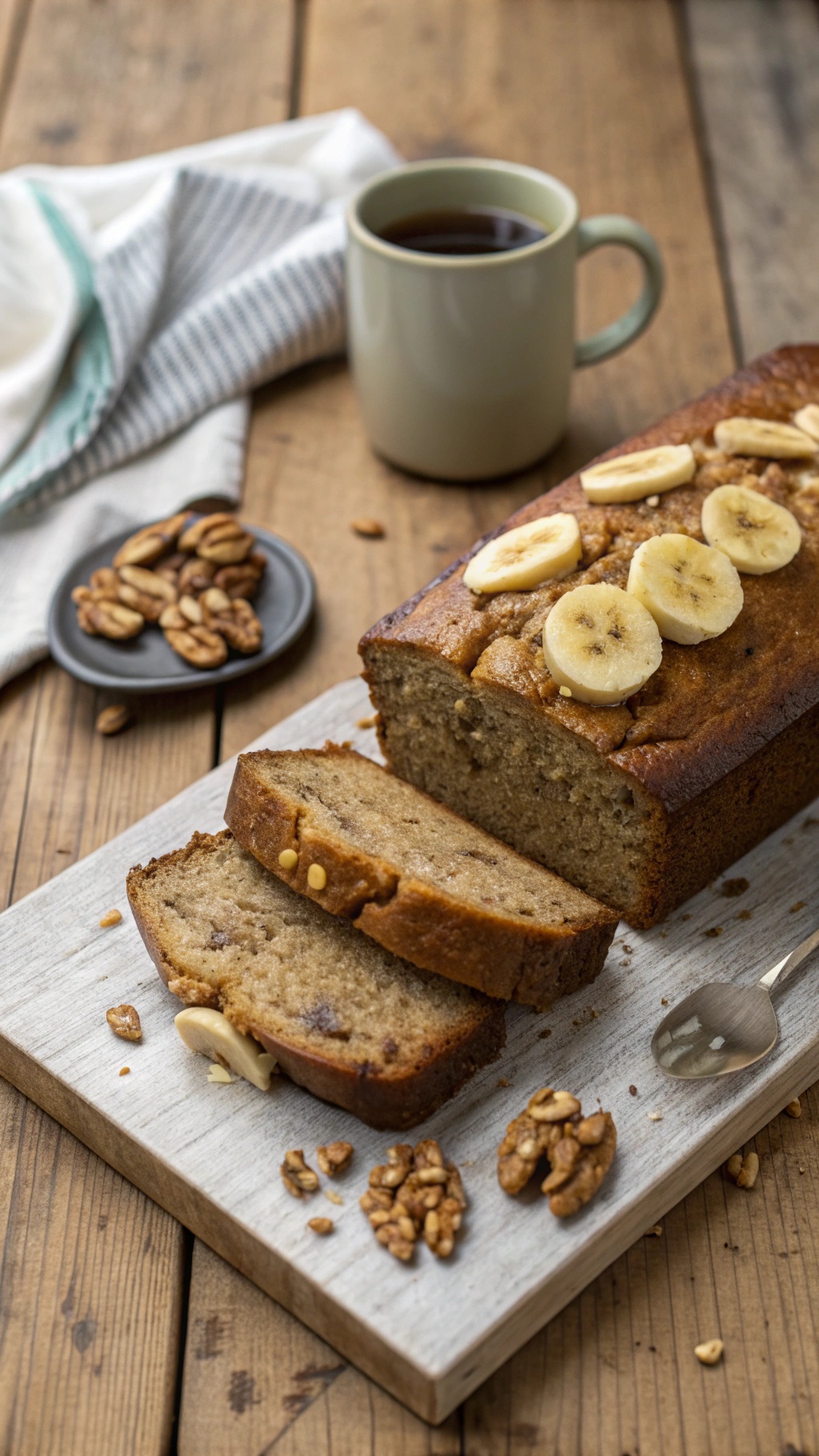 A loaf of banana bread topped with banana slices, sliced on a wooden board with a cup of coffee and nuts.
