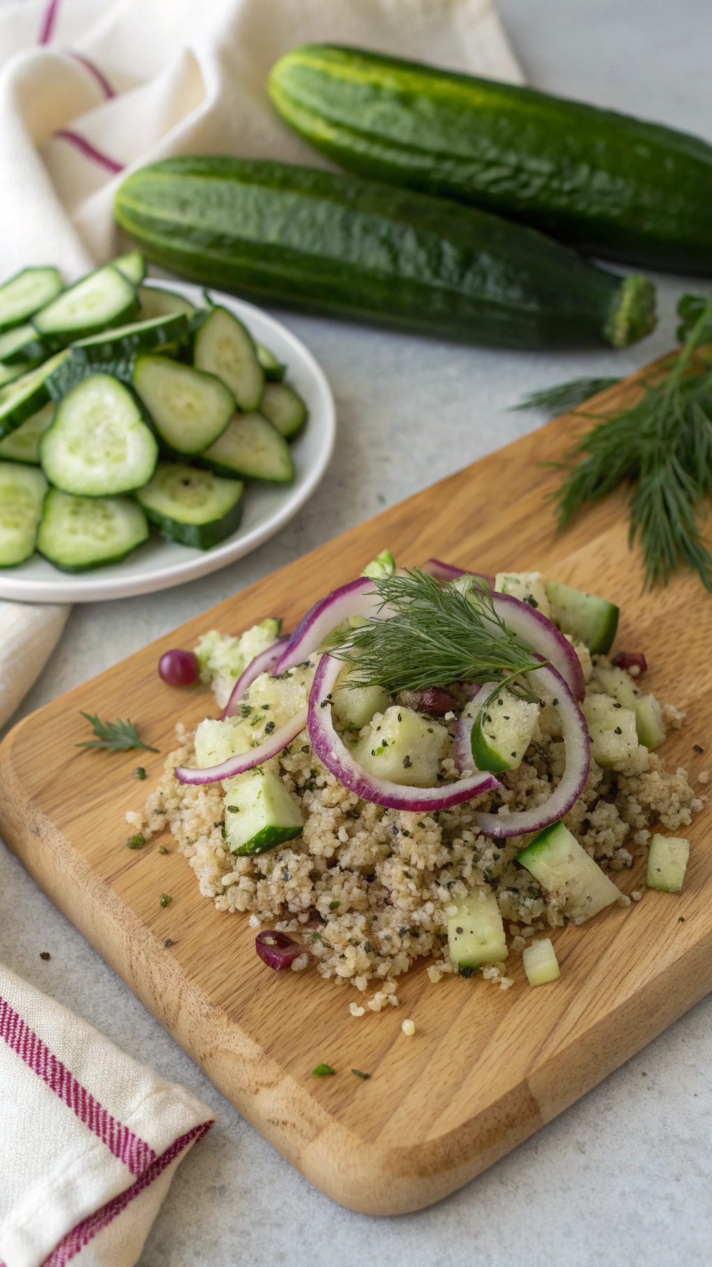 A refreshing quinoa salad with cucumbers and red onion on a wooden cutting board.
