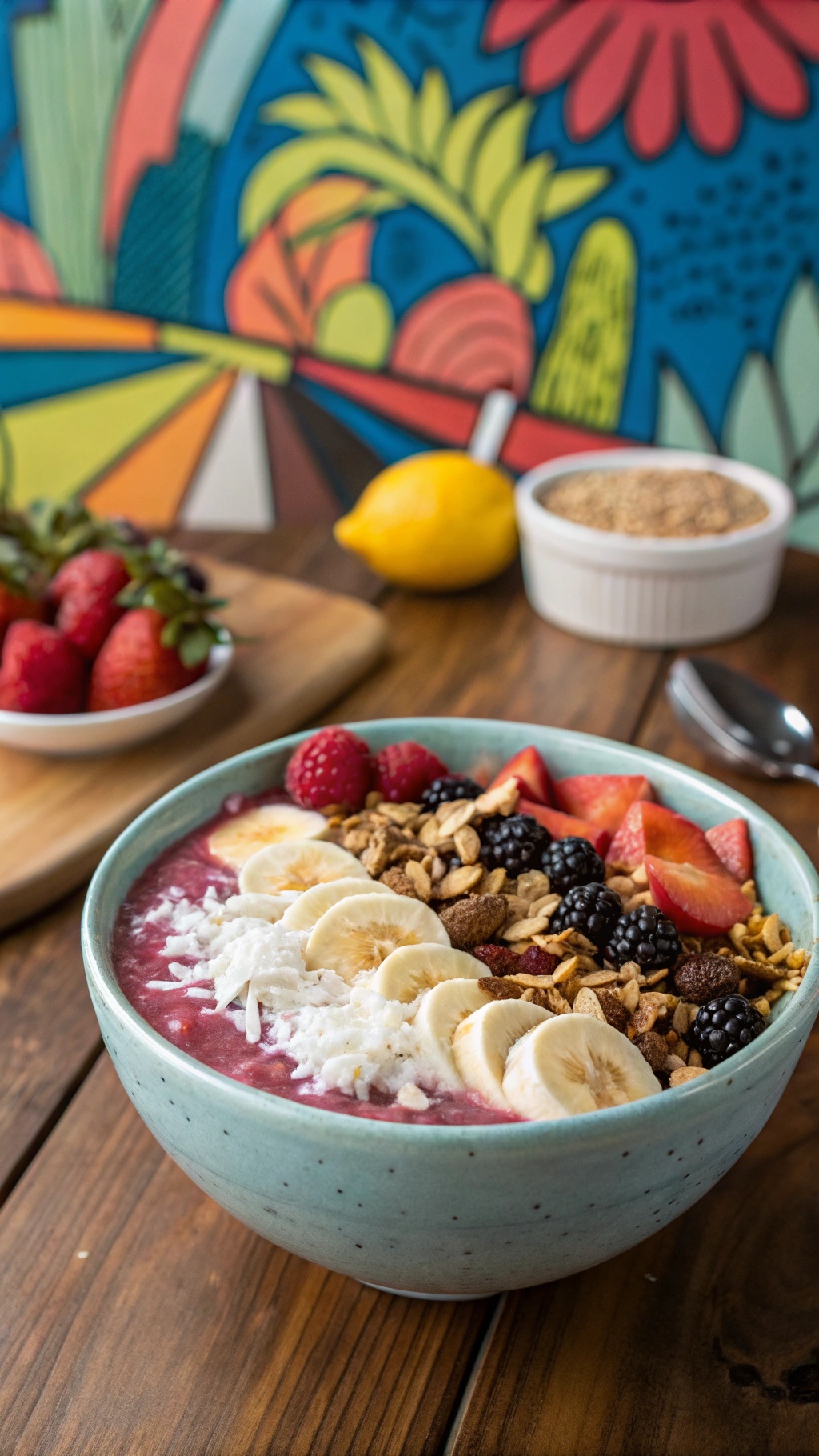 A colorful smoothie bowl topped with banana slices, granola, and fresh berries, set against a vibrant background.