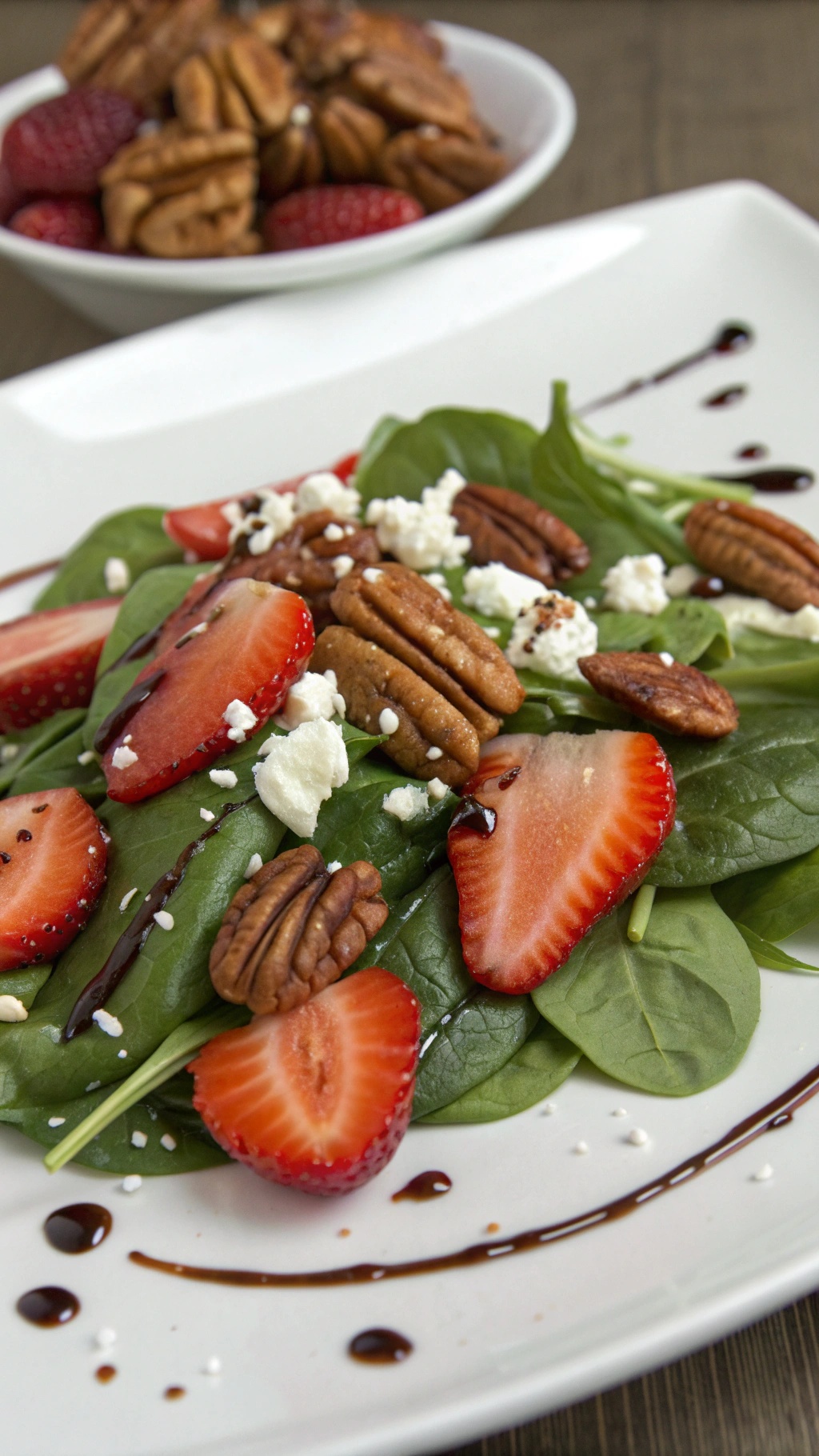 A colorful salad featuring spinach, strawberries, pecans, and feta cheese, drizzled with balsamic glaze.