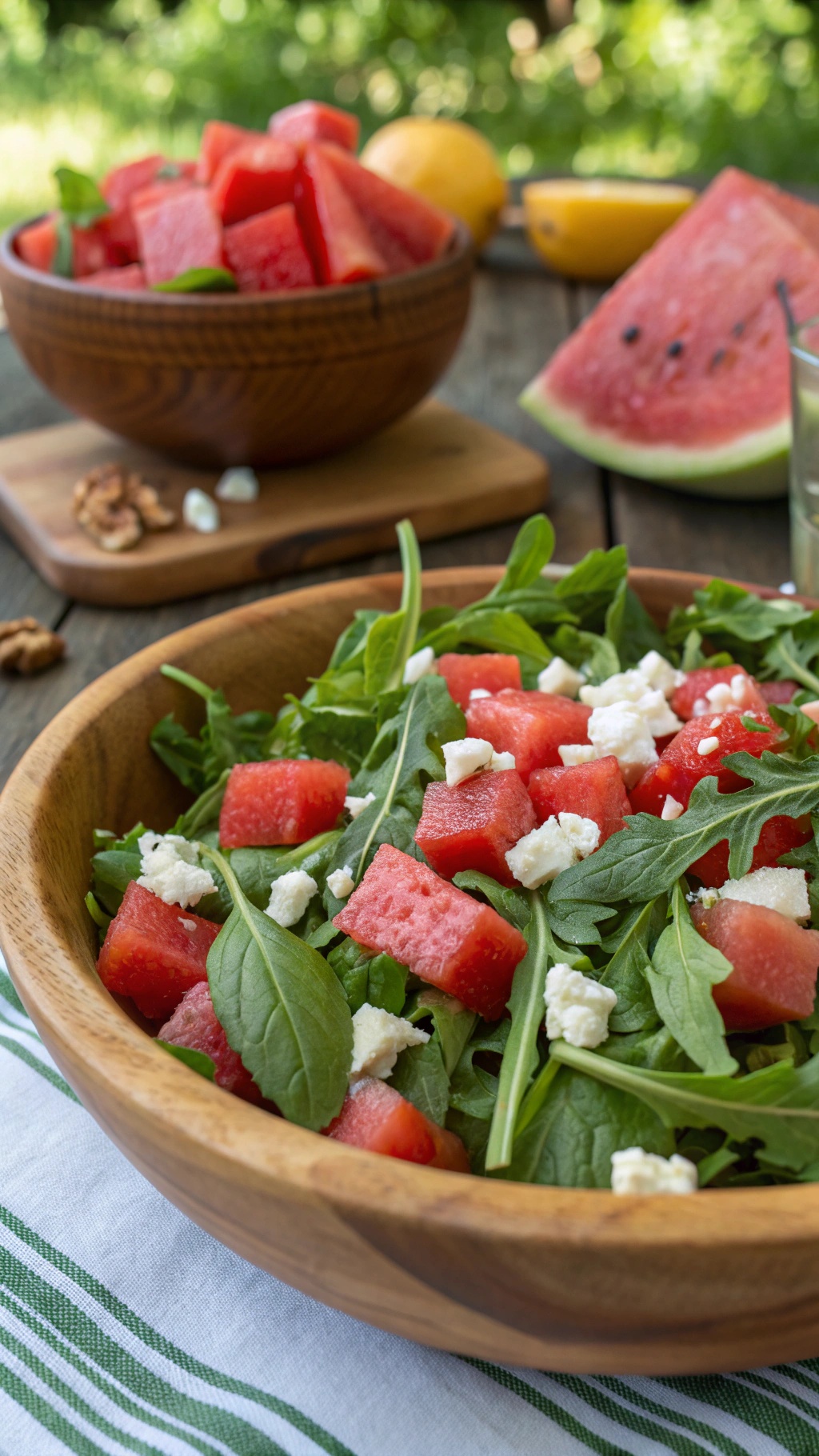 A refreshing summer salad featuring watermelon cubes, feta cheese, and arugula in a wooden bowl.