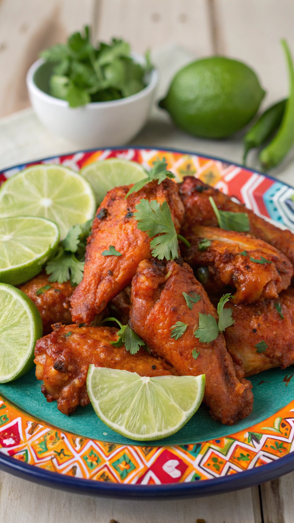 A colorful plate of cilantro-lime chicken wings garnished with lime slices and fresh cilantro.