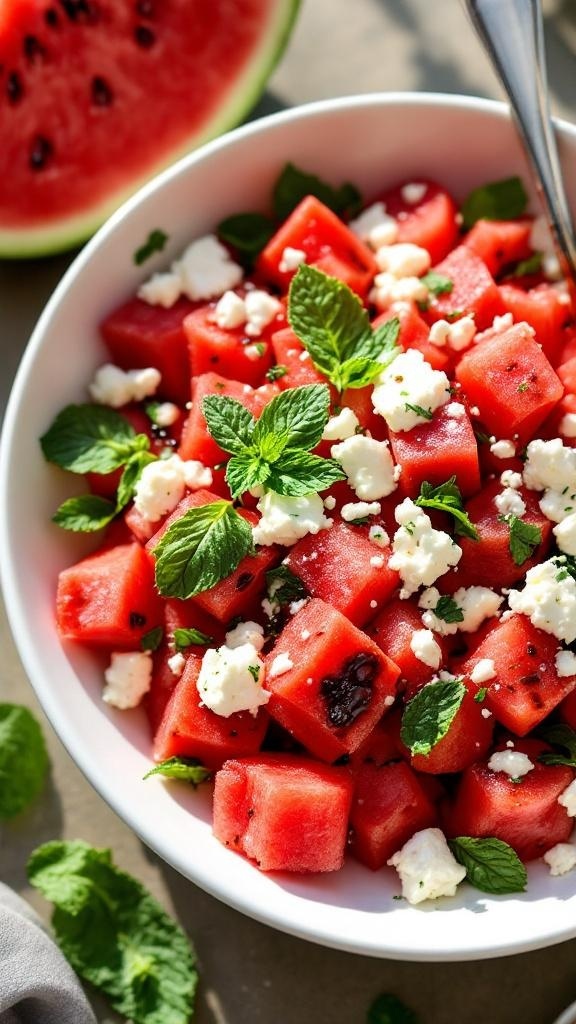 A bowl of watermelon and feta salad topped with mint leaves